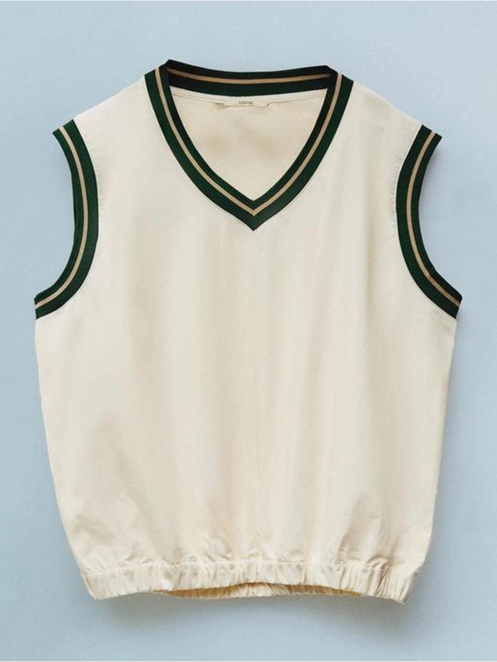 Zara Cream V-Neck Sleeveless Tank with Green & Brown Trim